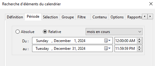 Sélectionnez les réunions et rendez-vous par tranche de dates