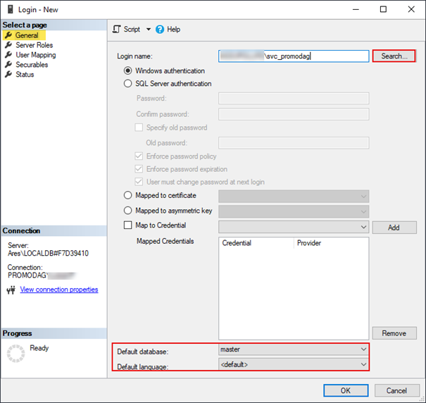 Create a new SQL login