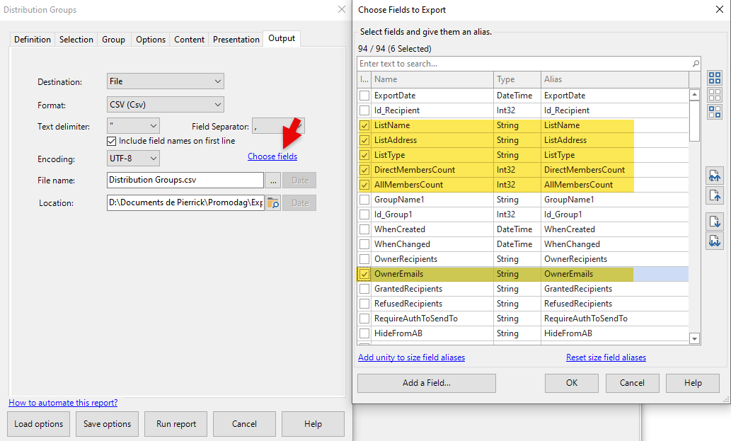 Export useful fields into a CSV file