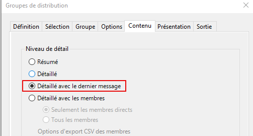 Sélectionner le niveau de détaiol Détaillé avec le dernier message