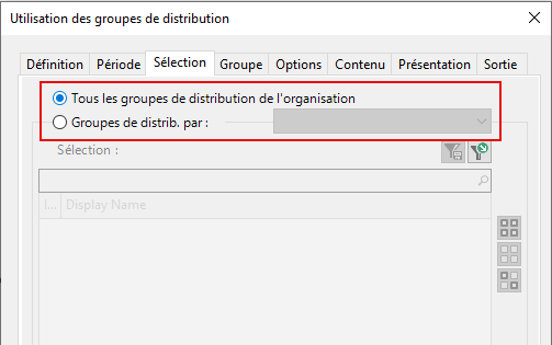 Sélectionnez les groupes de distribution à analyser