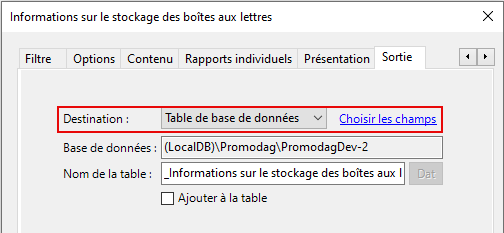 Sélectionnez la sortie Table de base de données