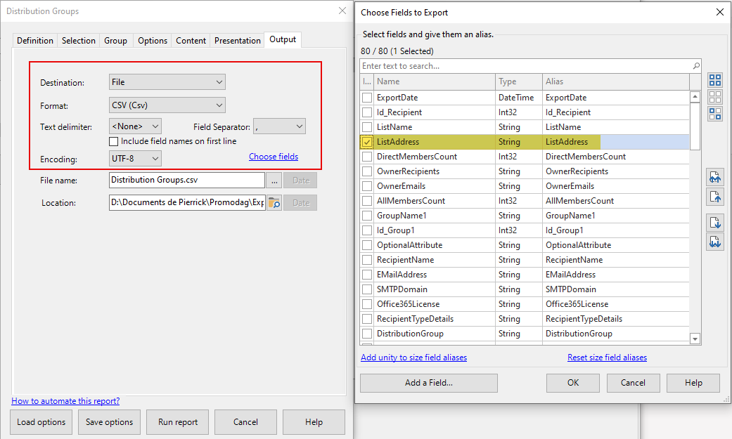 Export the empty group's list as a CSV file