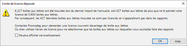 Avertissement de dépassement de licence