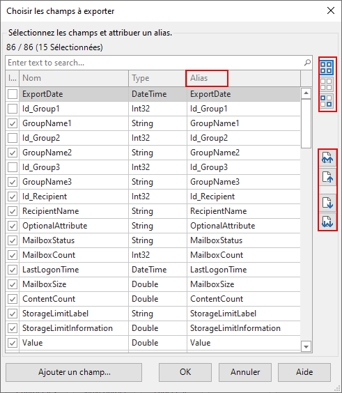 Choisissez les champs à exporter vers une table de base de données