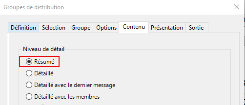 Sélectionnez le niveau de détail Résumé
