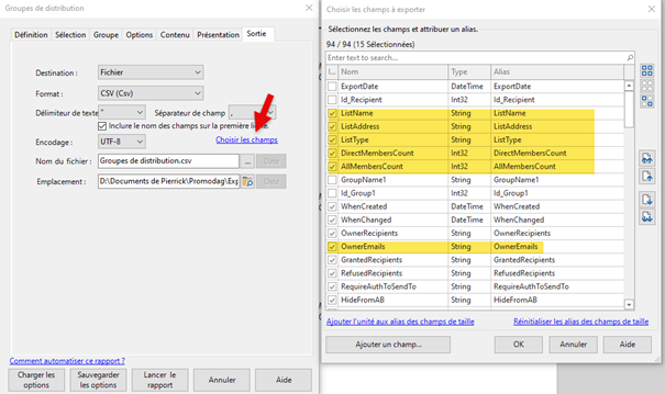 Exporter les champs utiles vers un fichier CSV