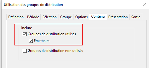 Sélectionnez les groupes de distribution utilisés et les derniers émetteurs