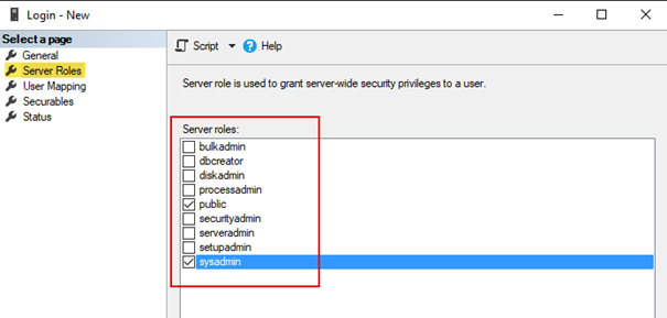 Grant SQL sysadmin permissions to a new login